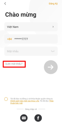 Tải app Imou về -> Bấm vào “Quên mật khẩu”