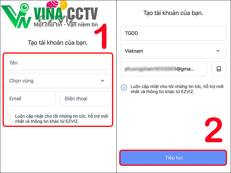 Điền thông tin để tạo tài khoản EZVIZ