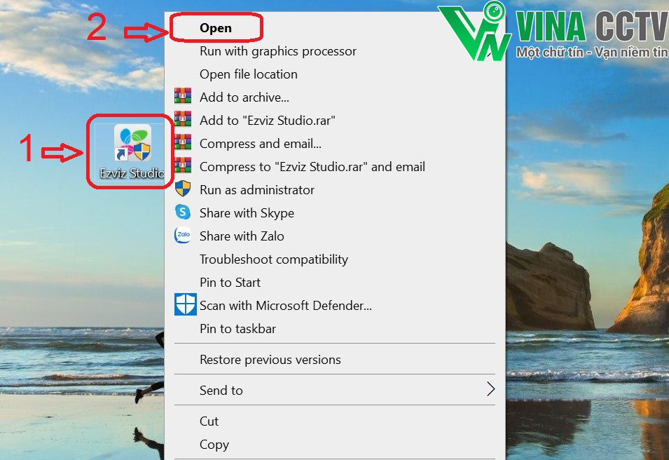 Nhấp chuột phải vào biểu tượng phần mềm EZVIZ trên máy tính và chọn "Open".